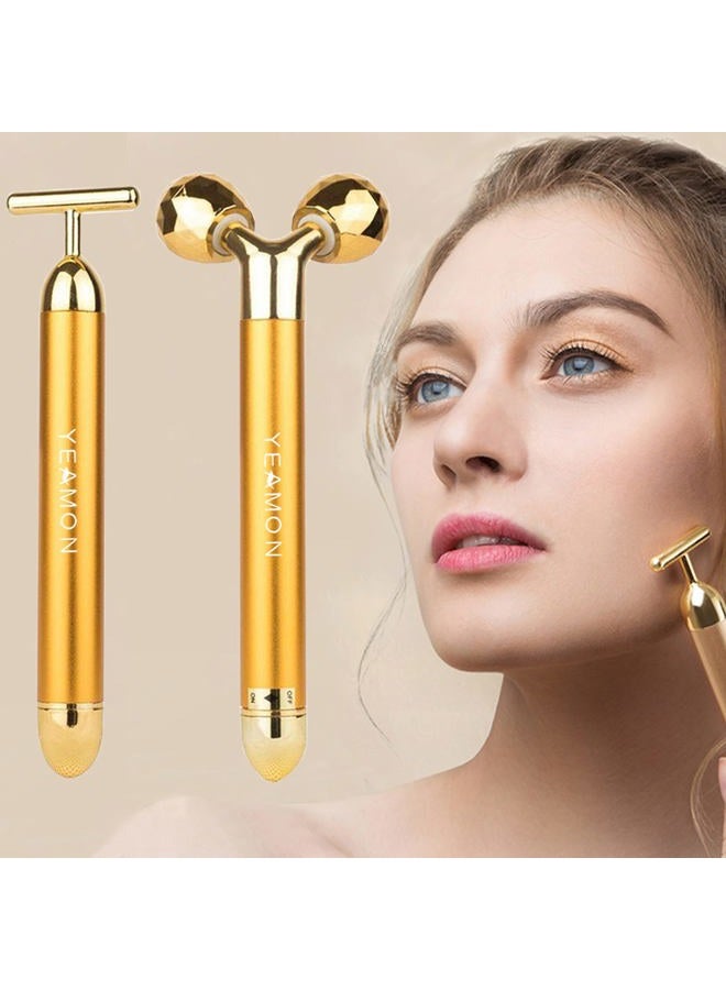 Yeamon 2-In-1 Beauty Bar 24K Golden Pulse Facial Face Massager,Electric 3D Roller And T Shape Arm Eye Nose Head Massager Instant Lift,Anti-Wrinkles,Skin Tightening,Face Firming - Image 1